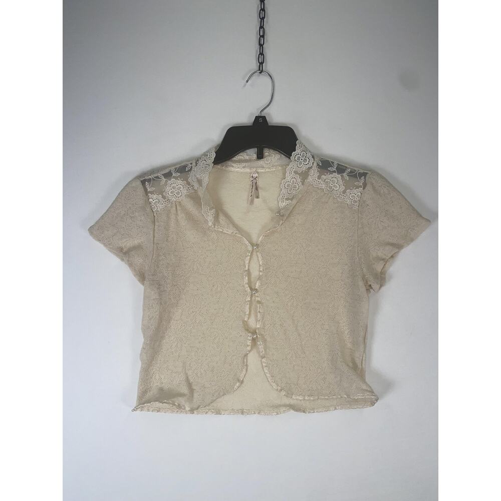 Cardigan Sweater Womens Large White Lace Short Sleeve Open Knit Ruffle Collar